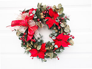 Christmas Wreath with Red Poinsettia and Gold Balls at Elegant Floral Wreaths at Etsy. 