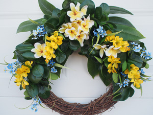 Yellow & Blue Flowers Grapevine wreath by Elegant Floral Wreaths in Etsy Shop. 