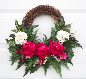 Fuchsia Peonies with Ferns Grapevine Wreath at Elegant Floral Wreaths at Etsy